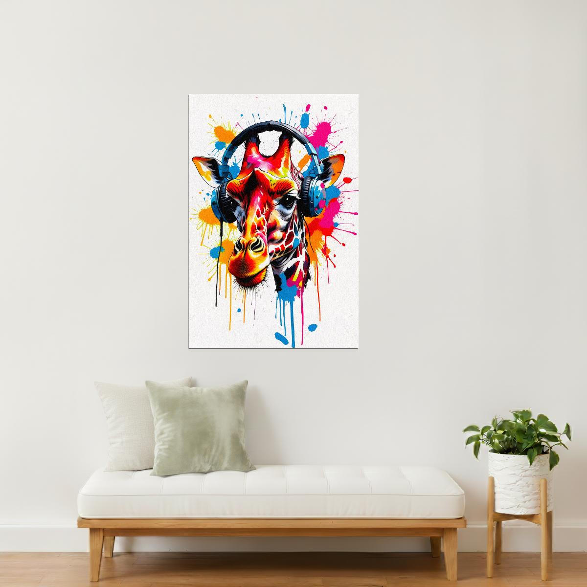 Giraffe with Headphones | Color Splash Animal Music Poster