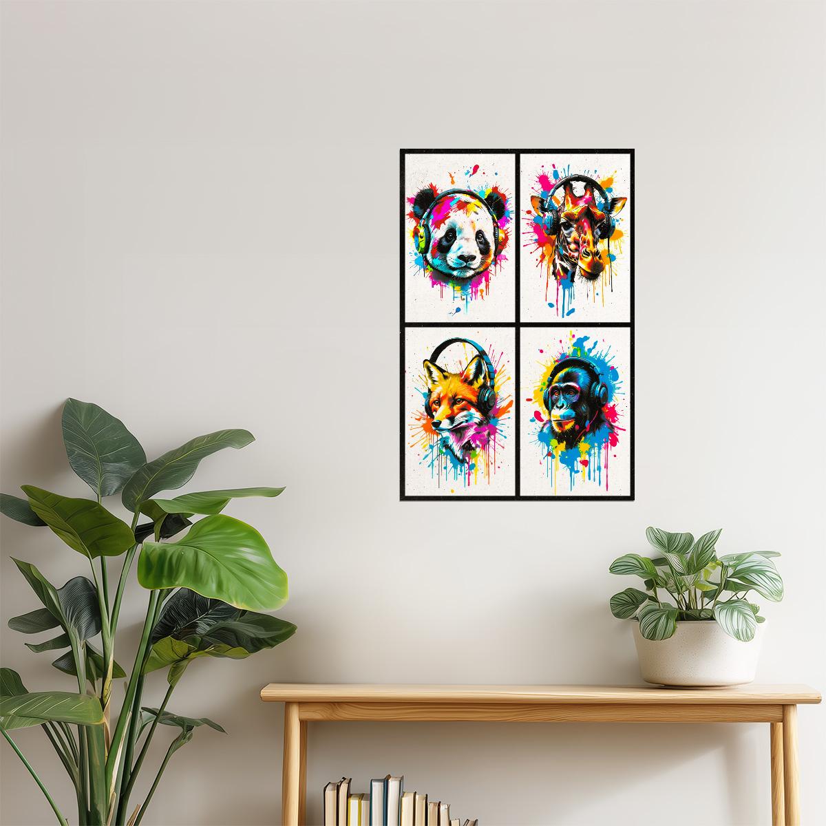 Colorful Animals in Headphones Poster | Panda Giraffe Fox Monkey Collage Wall Art