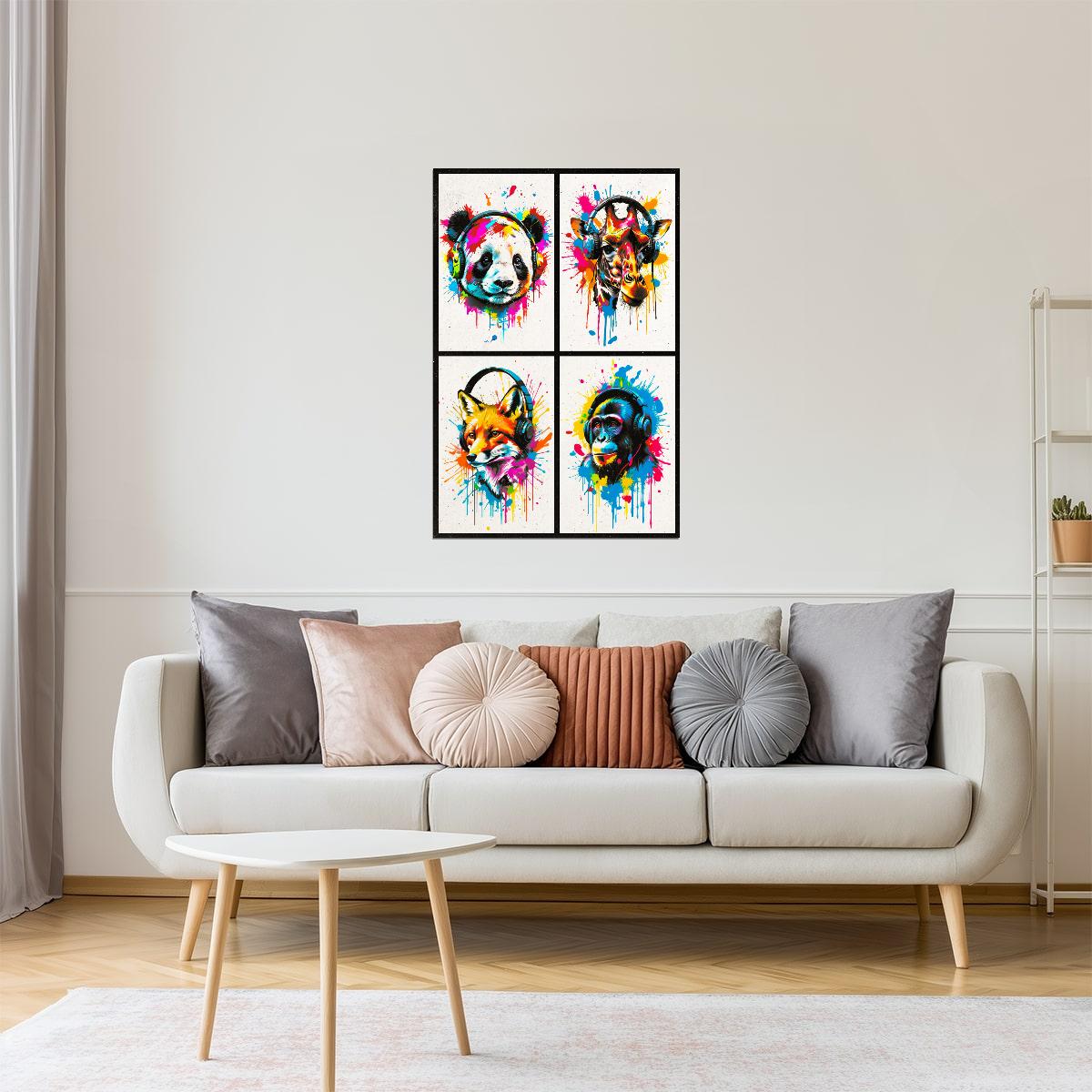 Colorful Animals in Headphones Poster | Panda Giraffe Fox Monkey Collage Wall Art