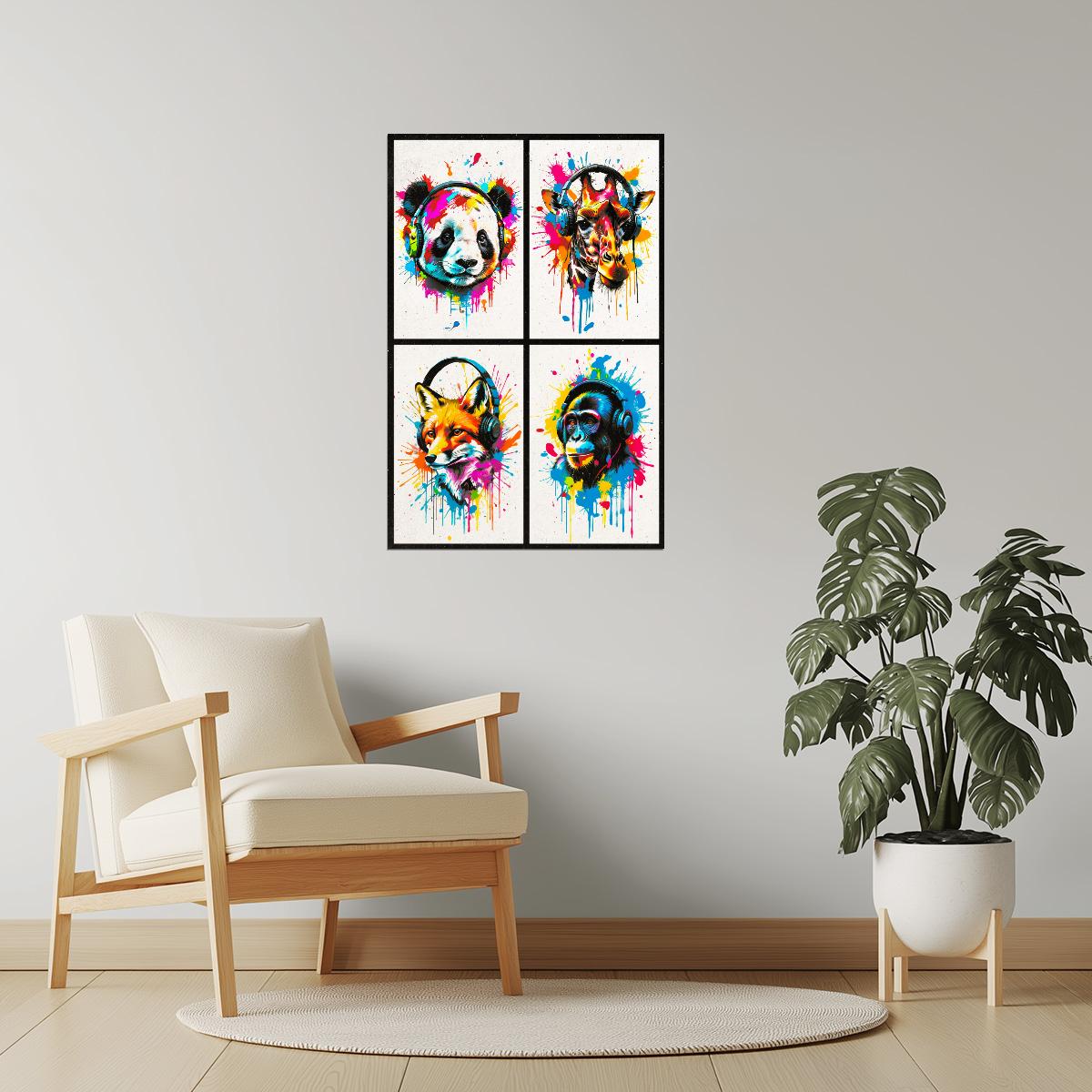 Colorful Animals in Headphones Poster | Panda Giraffe Fox Monkey Collage Wall Art