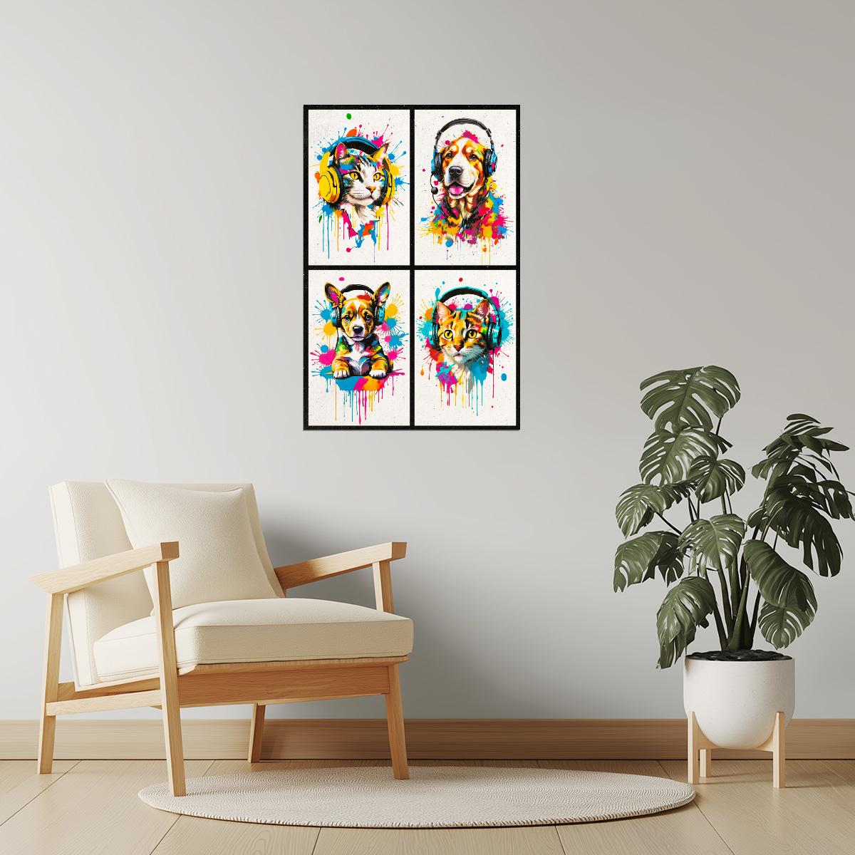 Colorful Animals in Headphones Poster | Cat Dog Puppy Kitten Collage Wall Art