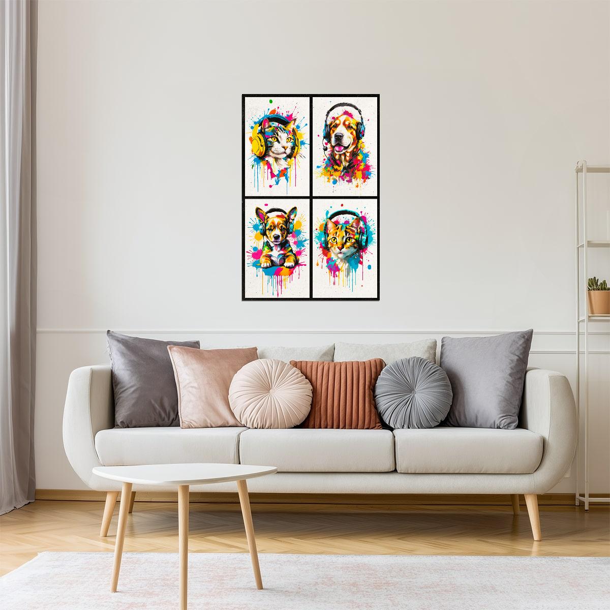 Colorful Animals in Headphones Poster | Cat Dog Puppy Kitten Collage Wall Art