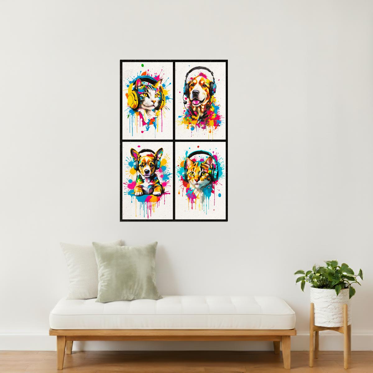 Colorful Animals in Headphones Poster | Cat Dog Puppy Kitten Collage Wall Art