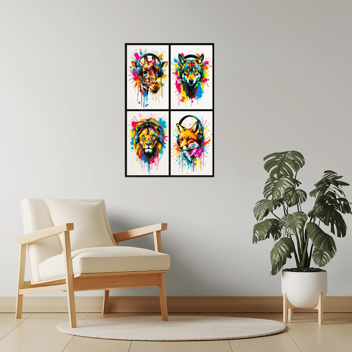 Colorful Animals in Headphones Poster | Giraffe Wolf Lion Fox Collage Wall Art