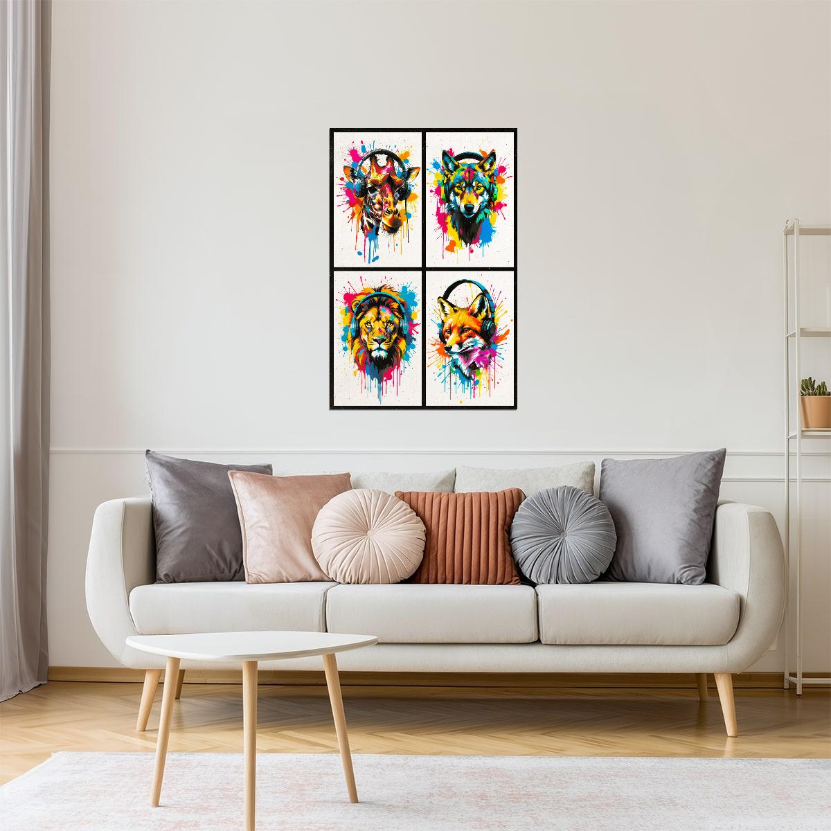 Colorful Animals in Headphones Poster | Giraffe Wolf Lion Fox Collage Wall Art