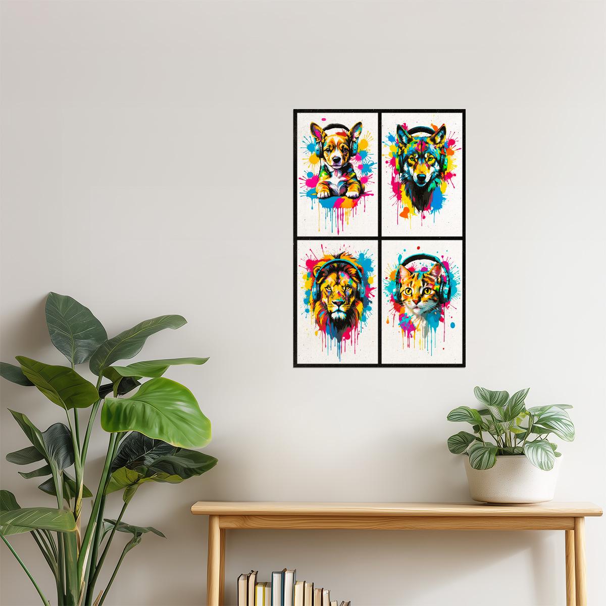 Colorful Animals in Headphones Poster | Puppy Wolf Lion Kitten Fox Collage Wall Print for Kids Room