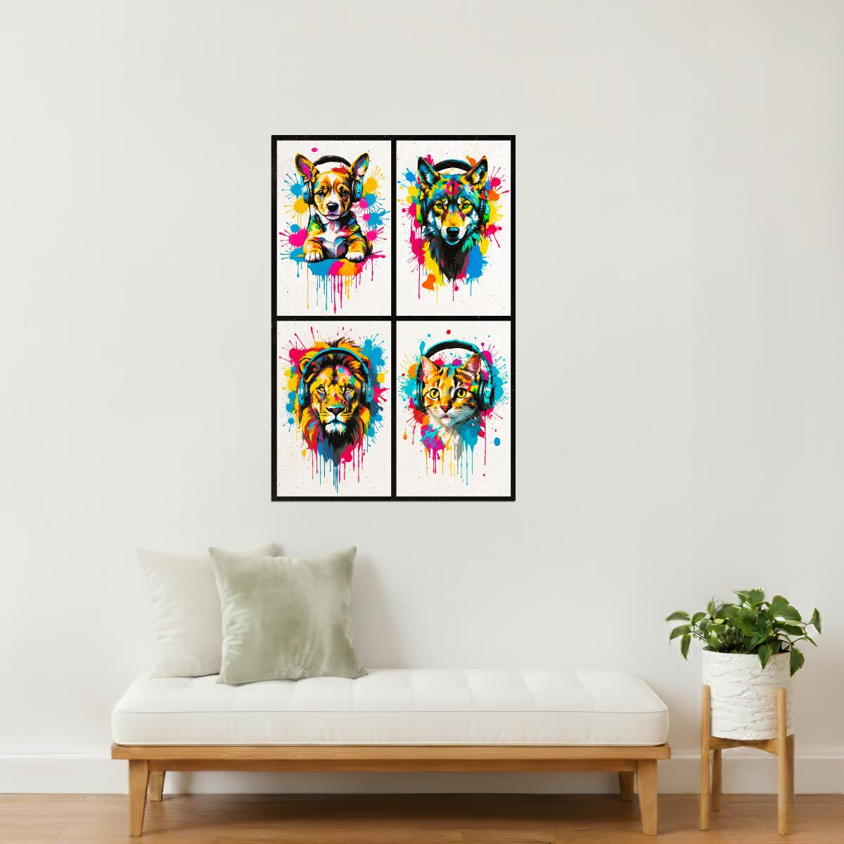 Colorful Animals in Headphones Poster | Puppy Wolf Lion Kitten Fox Collage Wall Print for Kids Room