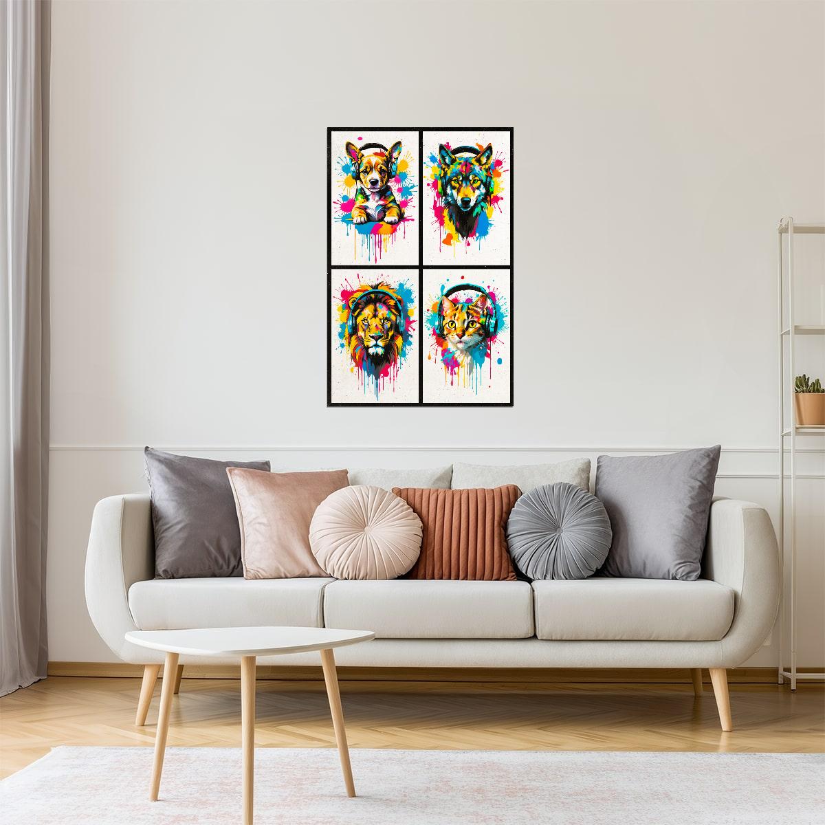 Colorful Animals in Headphones Poster | Puppy Wolf Lion Kitten Fox Collage Wall Print for Kids Room