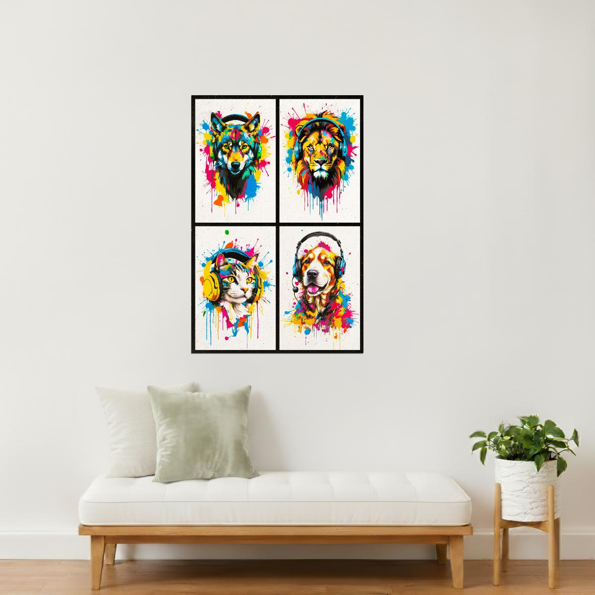 Colorful Animals in Headphones Poster | Wolf Lion Dog Cat Collage Wall Art for Teen Room