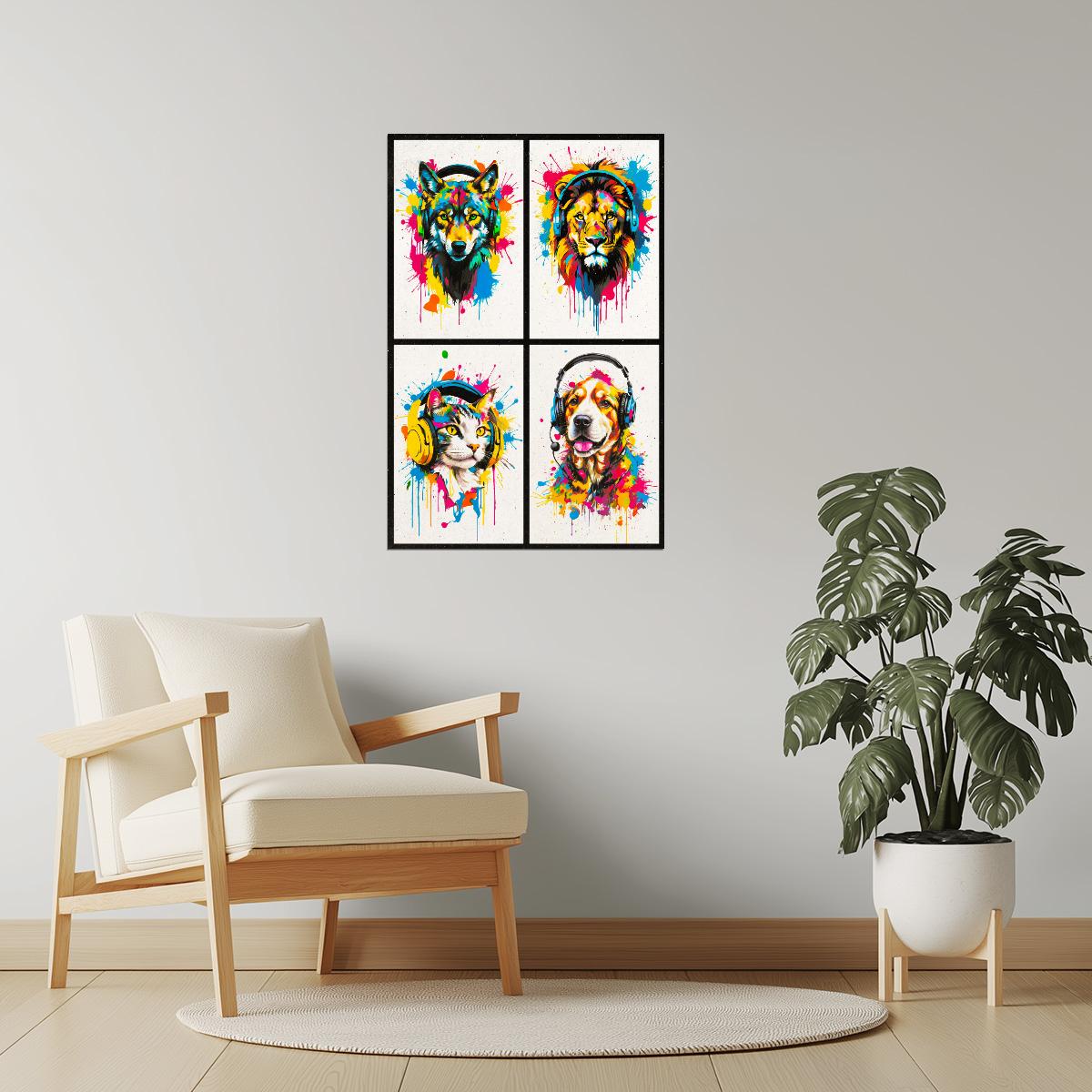 Colorful Animals in Headphones Poster | Wolf Lion Dog Cat Collage Wall Art for Teen Room