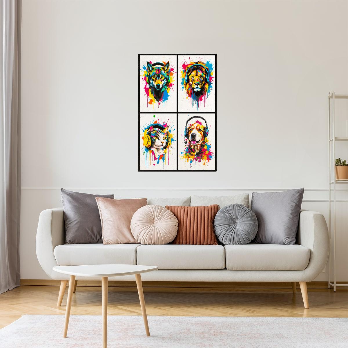 Colorful Animals in Headphones Poster | Wolf Lion Dog Cat Collage Wall Art for Teen Room