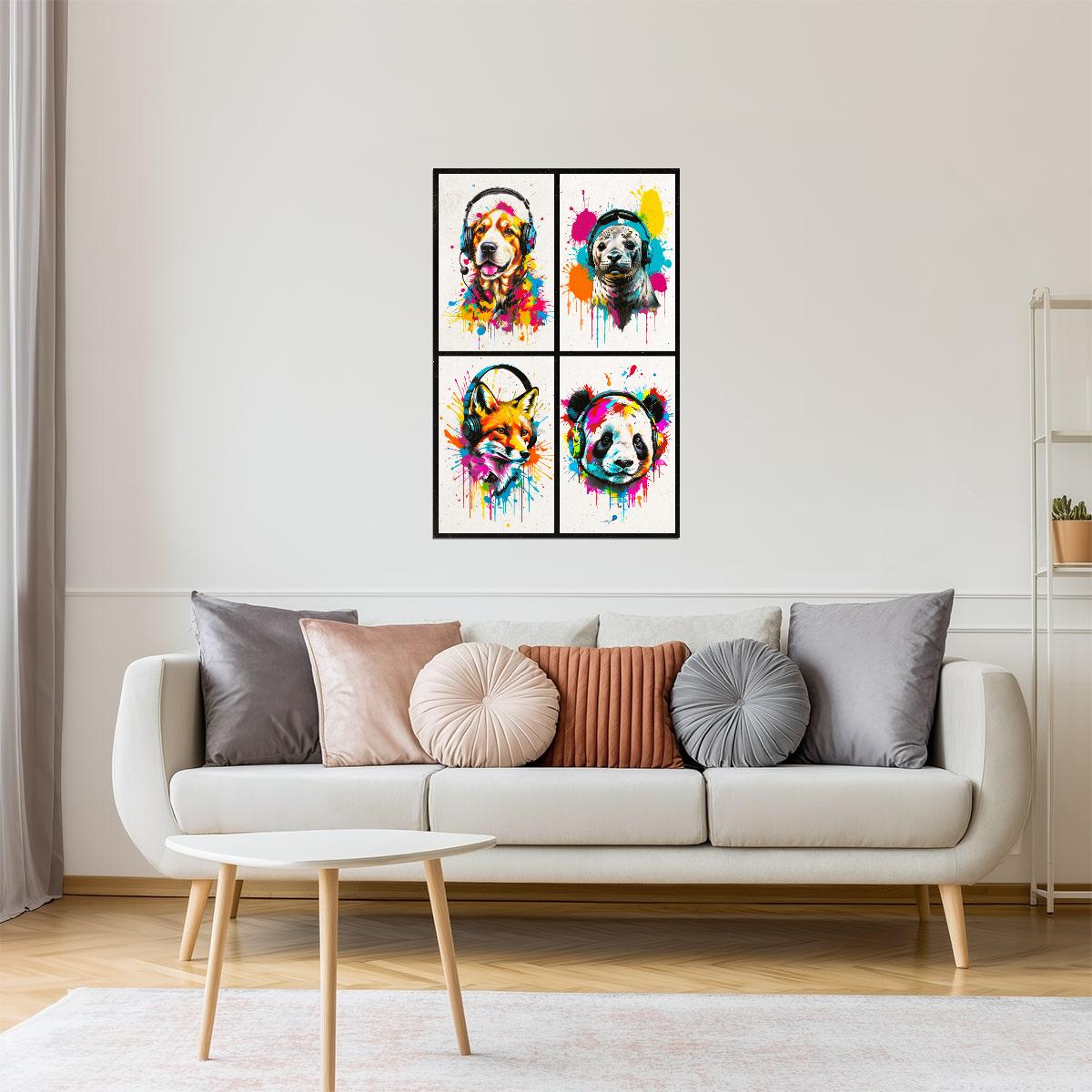 Colorful Animals in Headphones Poster | Dog Seal Fox Panda Collage Wall Art for Living Room