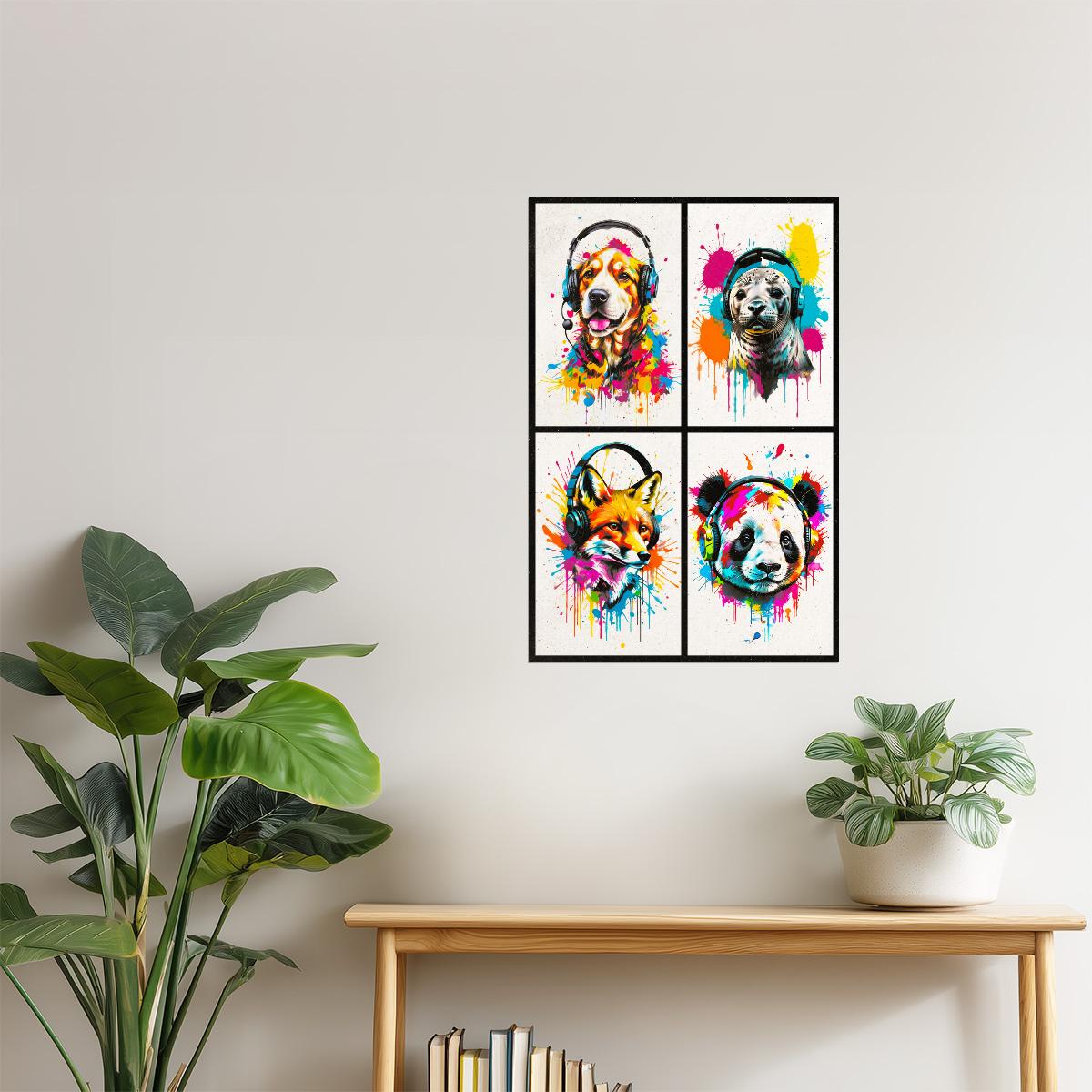 Colorful Animals in Headphones Poster | Dog Seal Fox Panda Collage Wall Art for Living Room