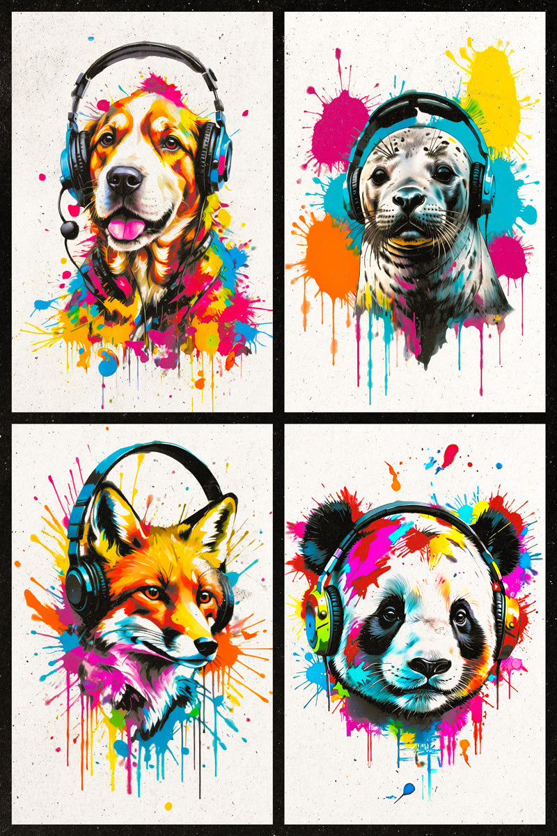 Colorful Animals in Headphones Poster | Dog Seal Fox Panda Collage Wall Art for Living Room
