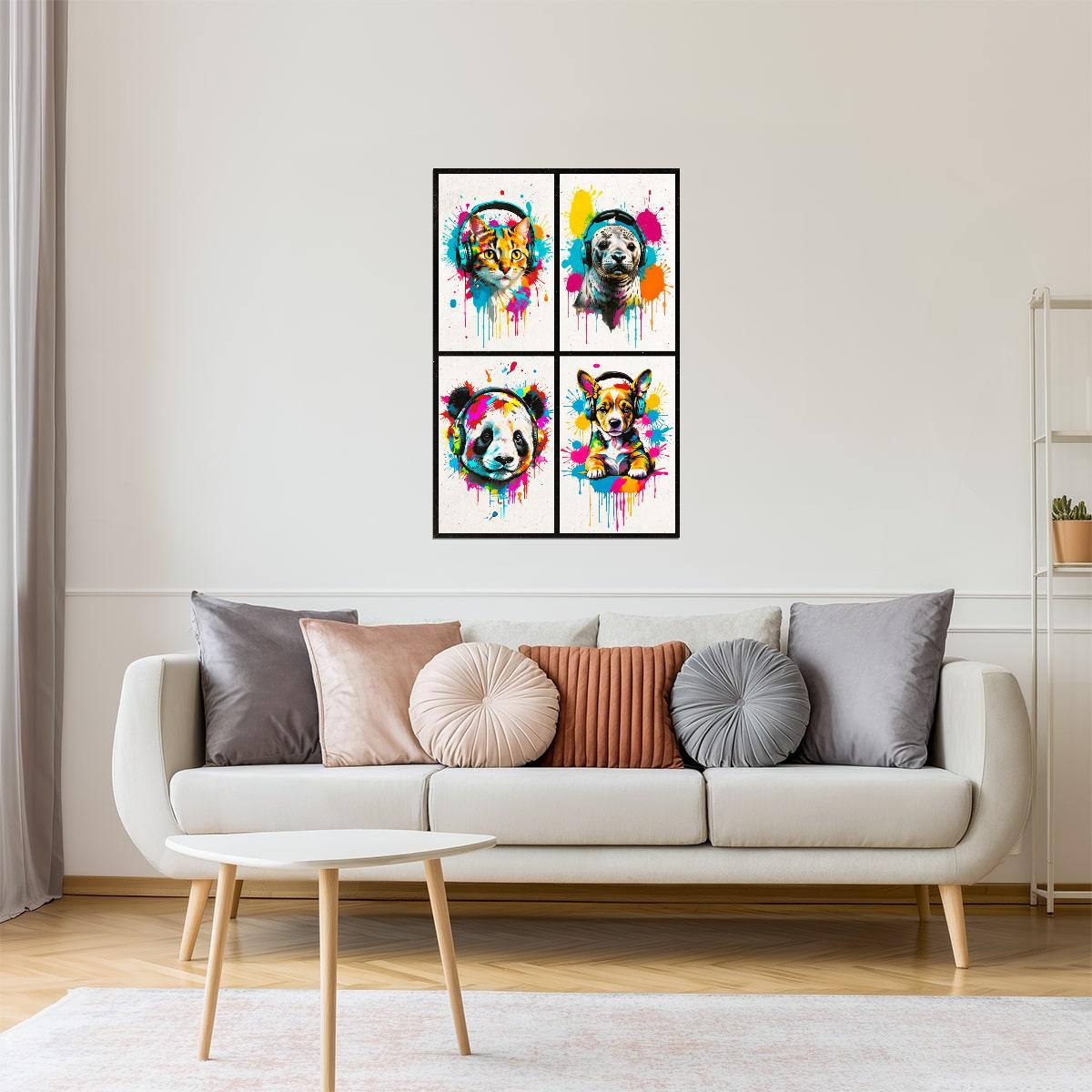 Colorful Animals in Headphones Poster | Cat Seal Panda Puppy Collage Wall Print for Bedroom