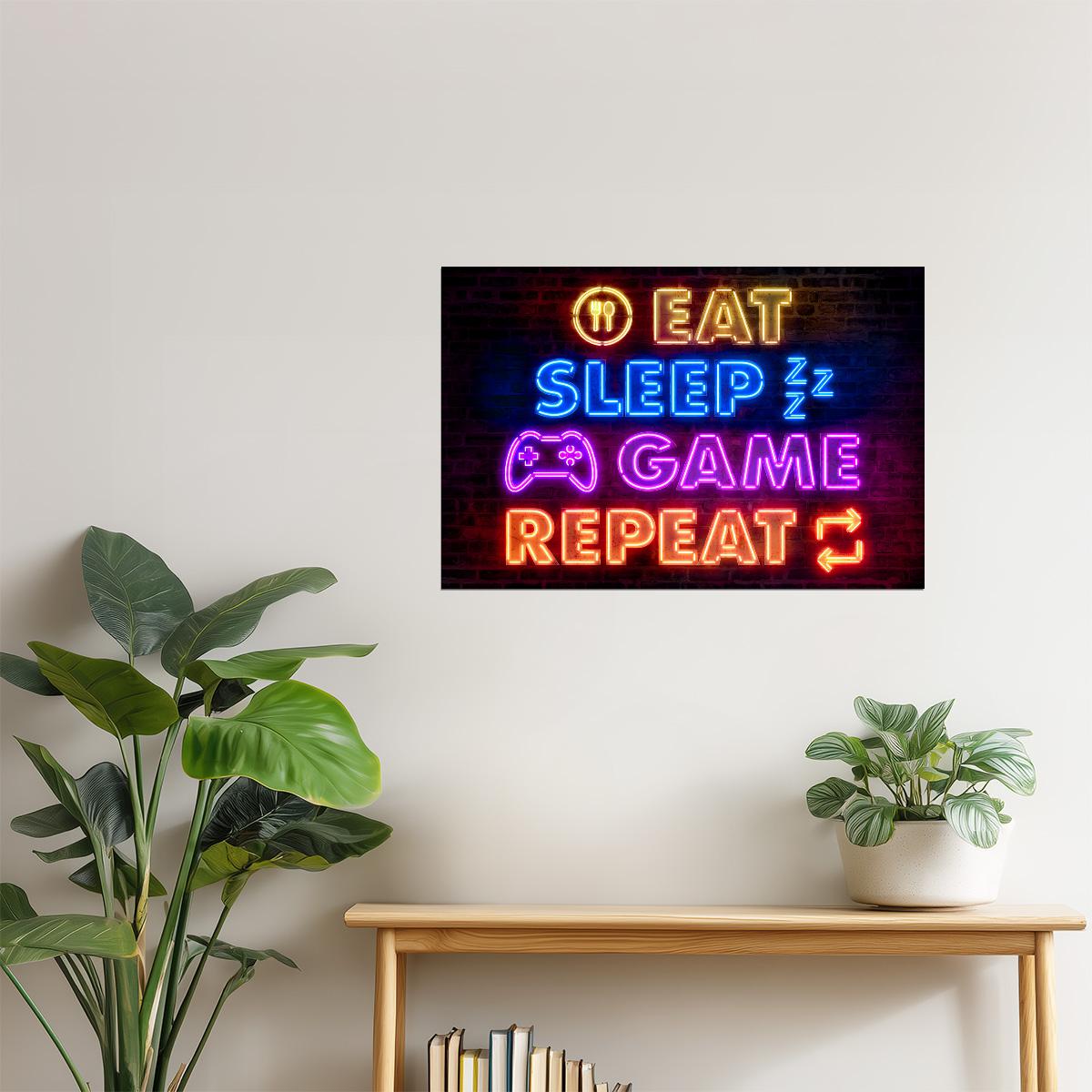 Eat Sleep Game Repeat Controller | Neon Gaming Wall Art Poster