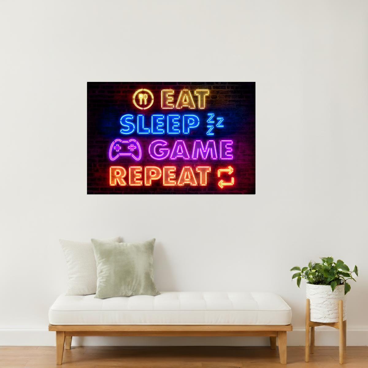 Eat Sleep Game Repeat Controller | Neon Gaming Wall Art Poster