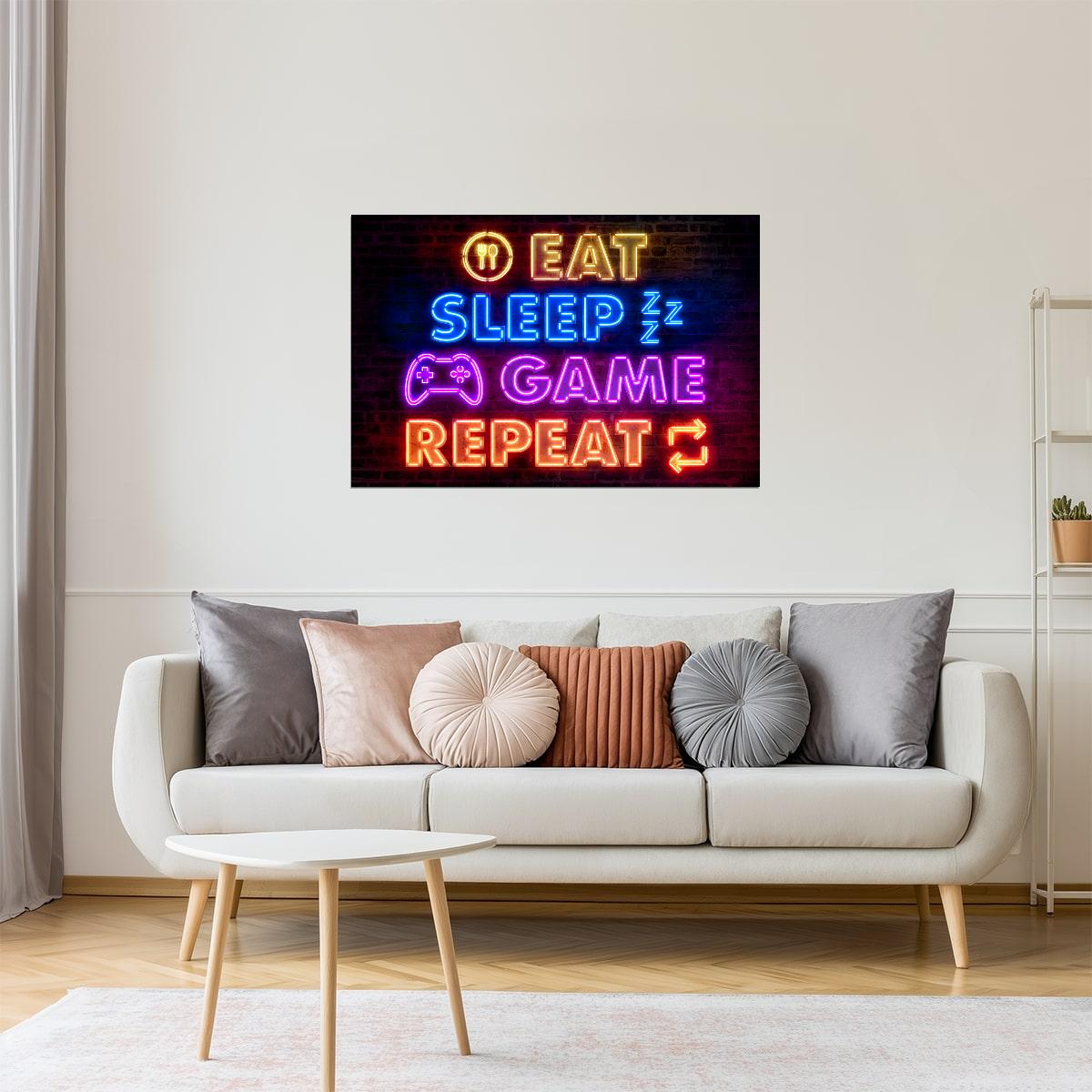 Eat Sleep Game Repeat Controller | Neon Gaming Wall Art Poster