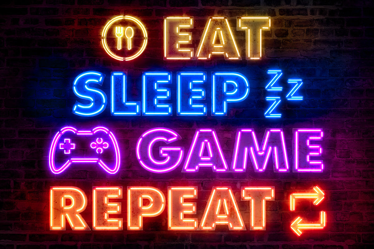 Eat Sleep Game Repeat Controller | Neon Gaming Wall Art Poster