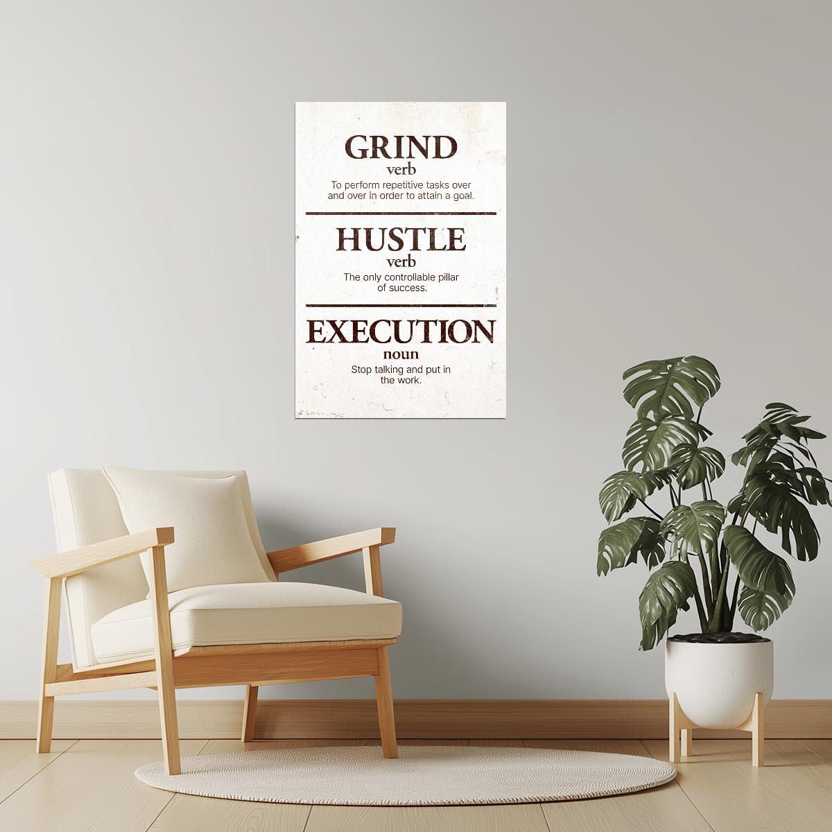 Grind Hustle Execution | Beige Minimalist Motivational Wall Art Poster