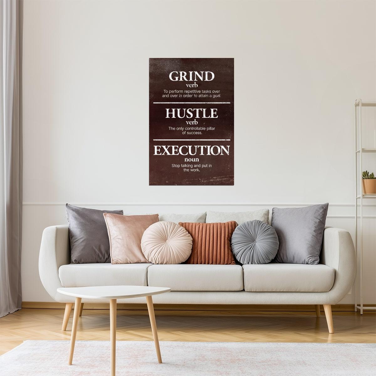 Grind Hustle Execution | Brown Minimalist Motivational Wall Art Poster