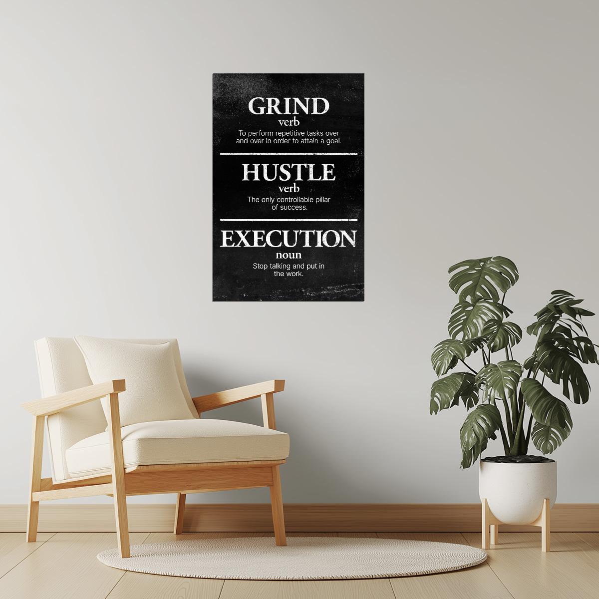 Grind Hustle Execution | Black and White Motivational Wall Art Poster