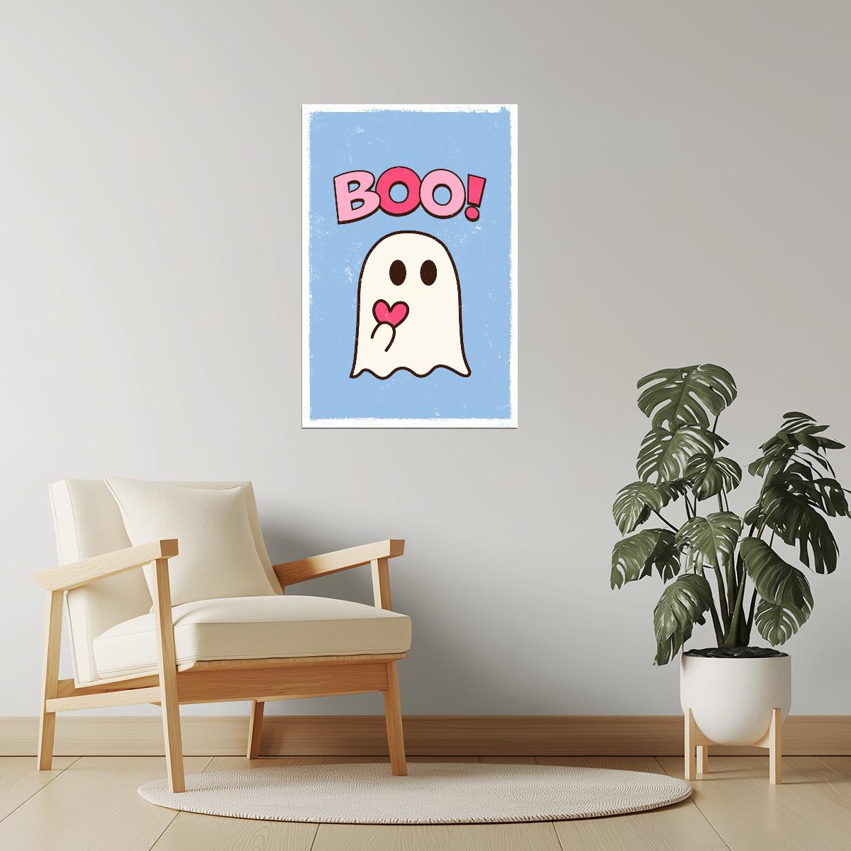 Boo! | Cute Heart Ghost Blue and Pink Halloween Print Poster