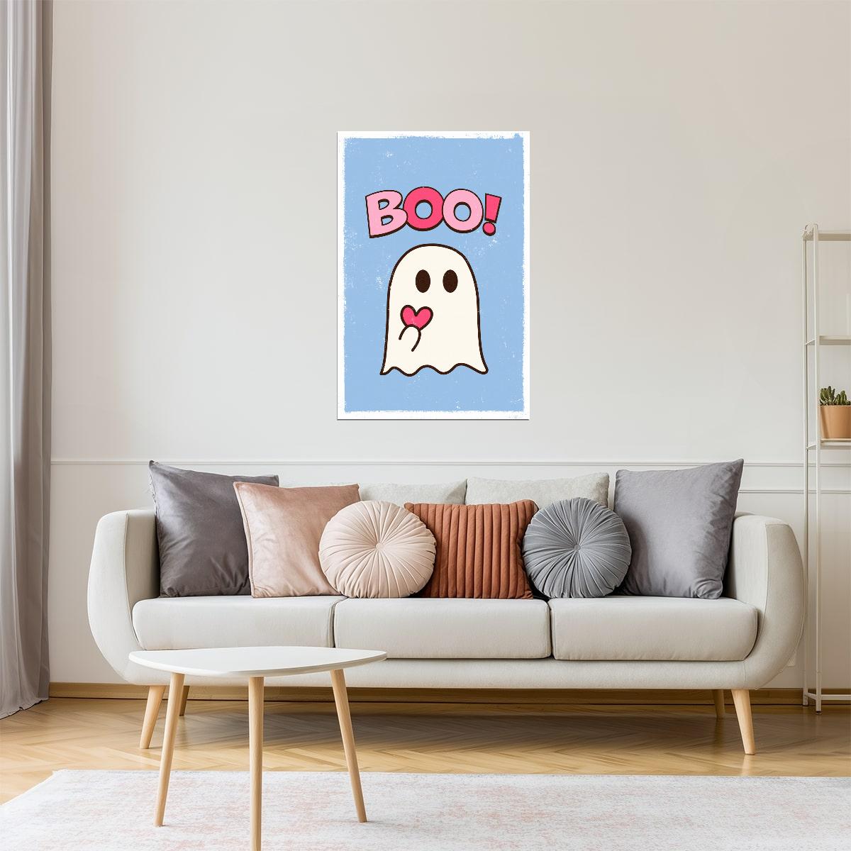 Boo! | Cute Heart Ghost Blue and Pink Halloween Print Poster