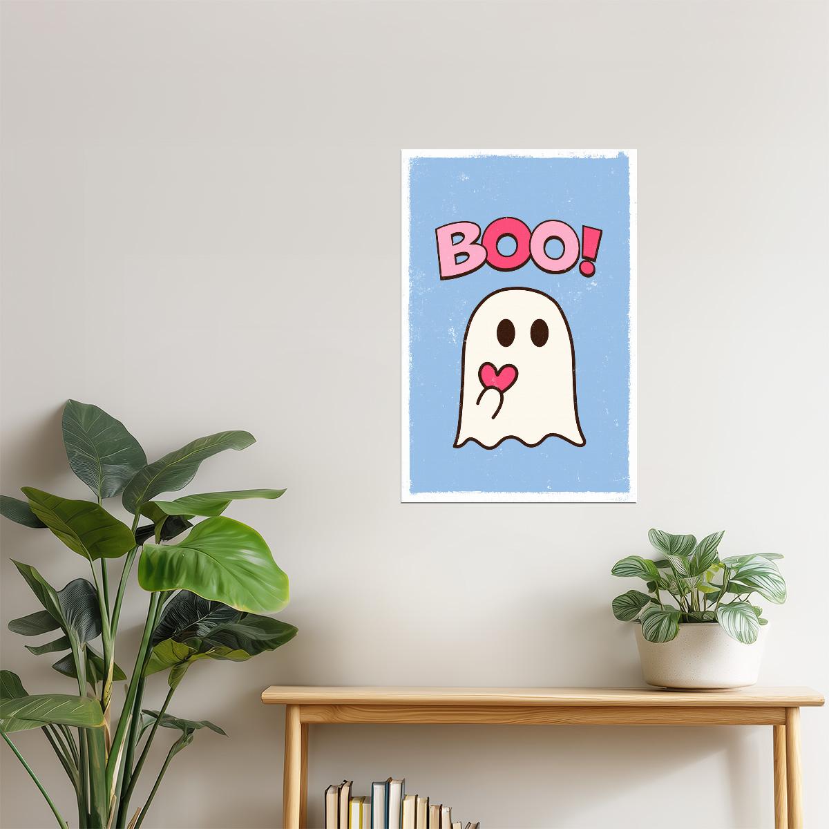 Boo! | Cute Heart Ghost Blue and Pink Halloween Print Poster