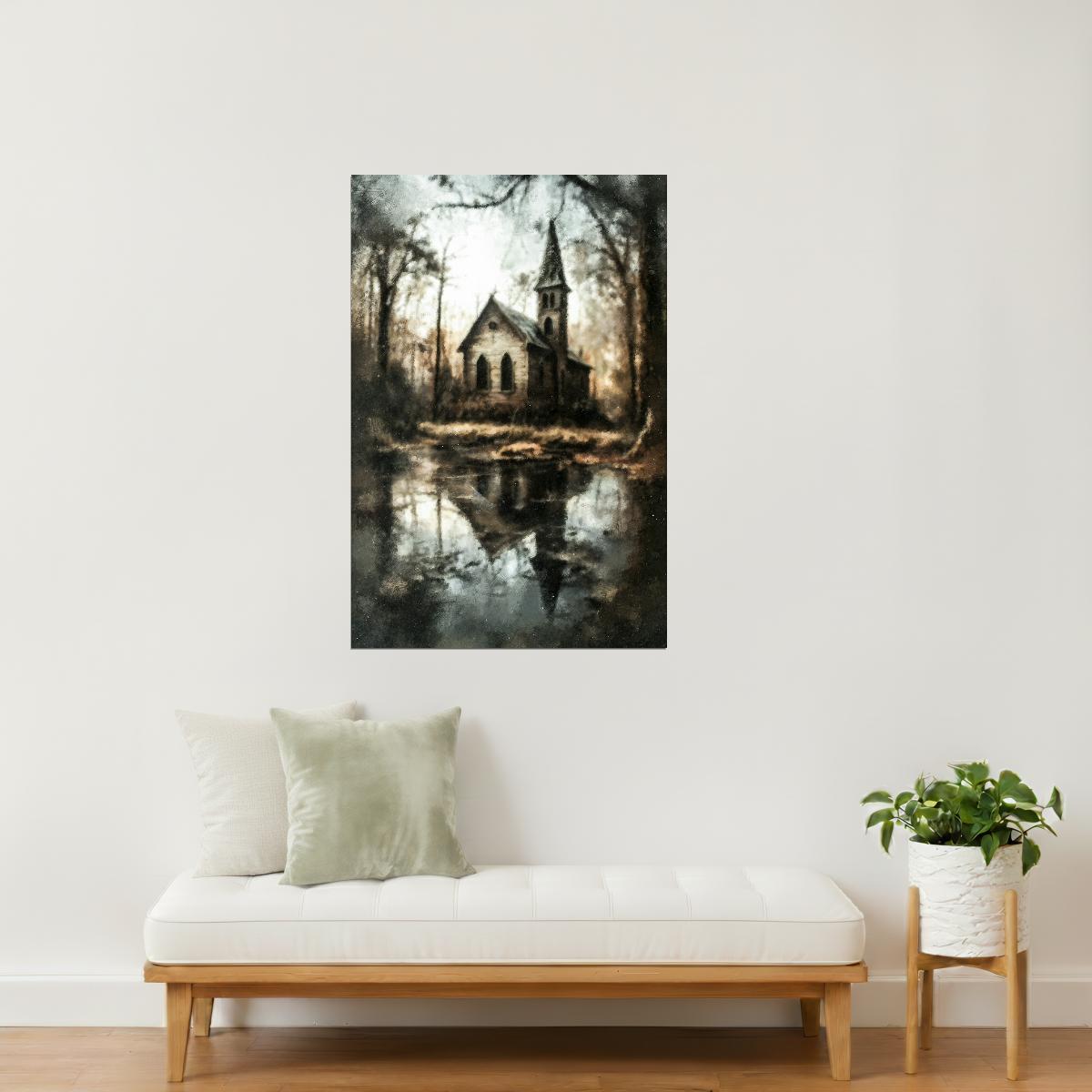 Abandoned Church by the Lake | Gothic Halloween Wall Art Print Poster