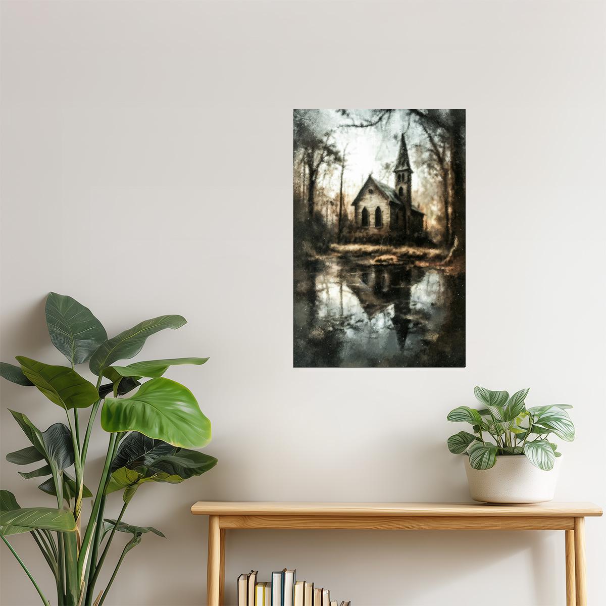Abandoned Church by the Lake | Gothic Halloween Wall Art Print Poster