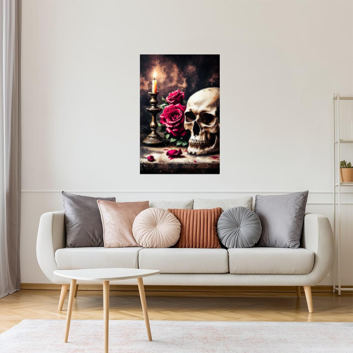 Skull and Roses with Candle | Dark Academia Halloween Wall Art Print Poster