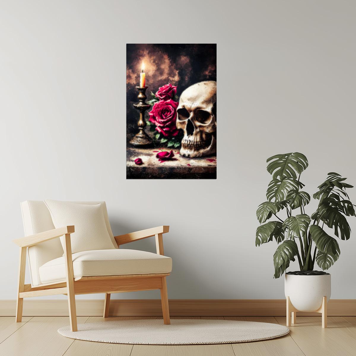 Skull and Roses with Candle | Dark Academia Halloween Wall Art Print Poster