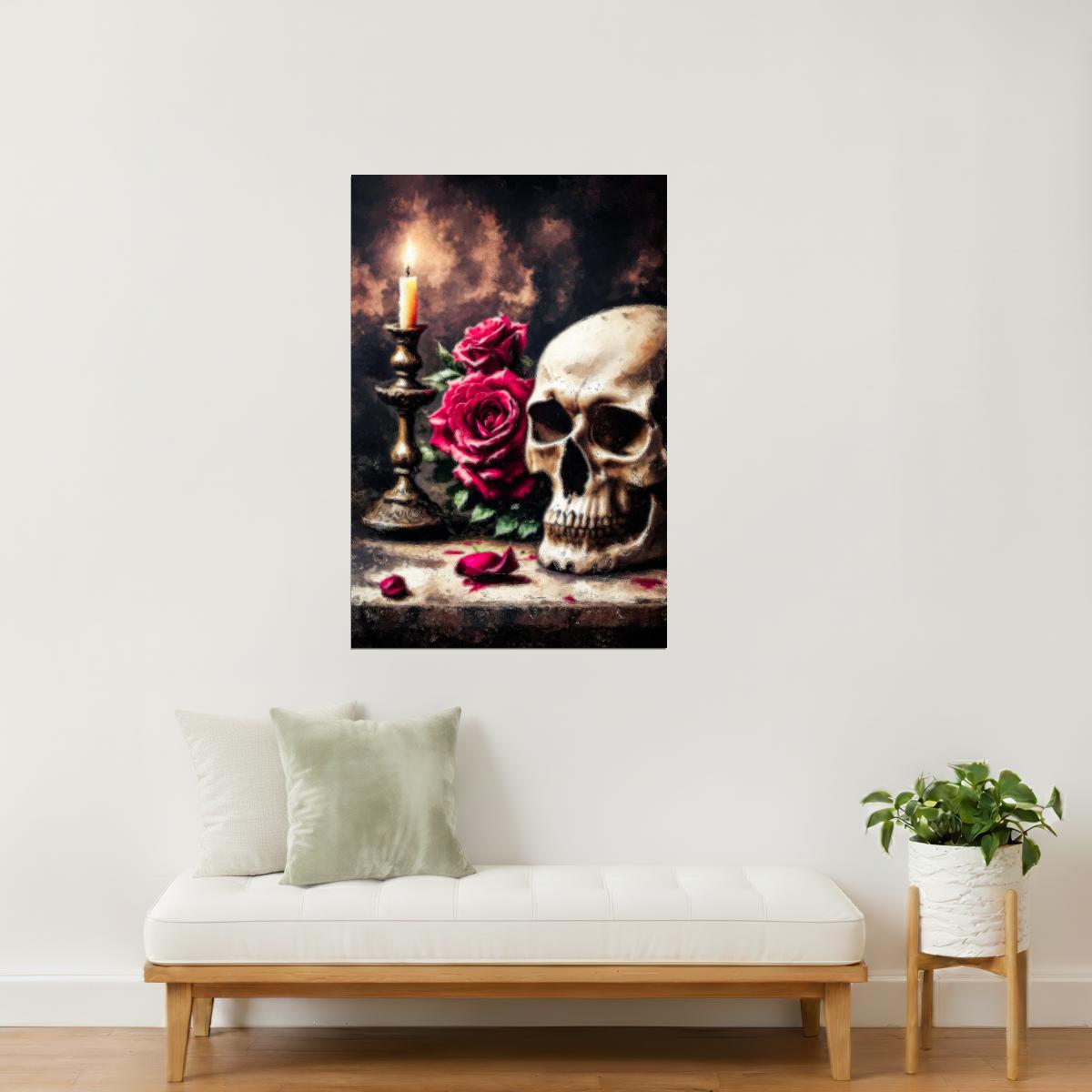 Skull and Roses with Candle | Dark Academia Halloween Wall Art Print Poster
