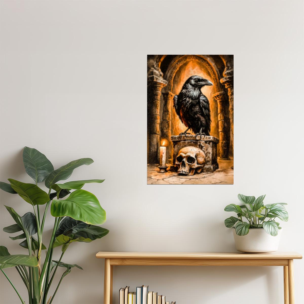 Crow and Skull in Crypt | Dark Academia Gothic Halloween Artwork Poster
