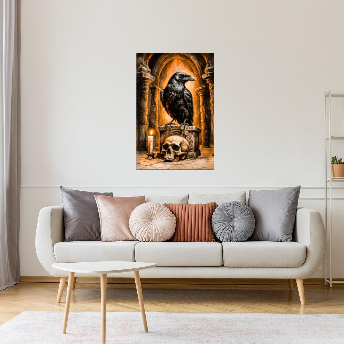 Crow and Skull in Crypt | Dark Academia Gothic Halloween Artwork Poster
