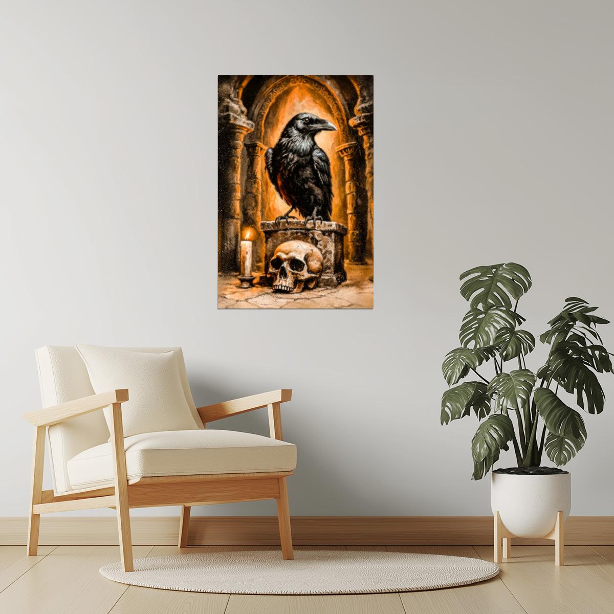 Crow and Skull in Crypt | Dark Academia Gothic Halloween Artwork Poster