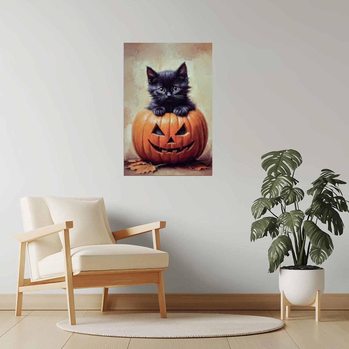 Black Cat in Pumpkin | Cute Halloween Wall Art Print Poster