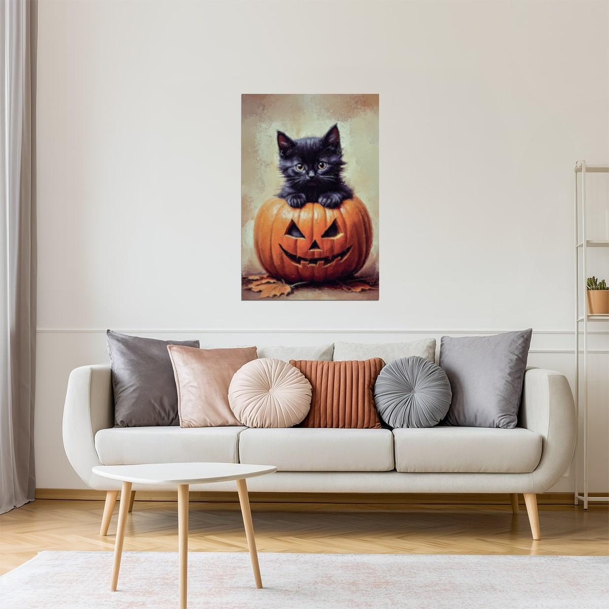 Black Cat in Pumpkin | Cute Halloween Wall Art Print Poster