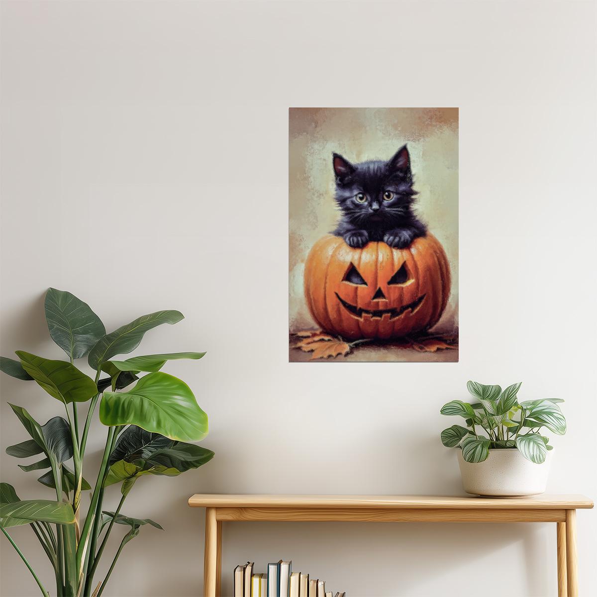 Black Cat in Pumpkin | Cute Halloween Wall Art Print Poster
