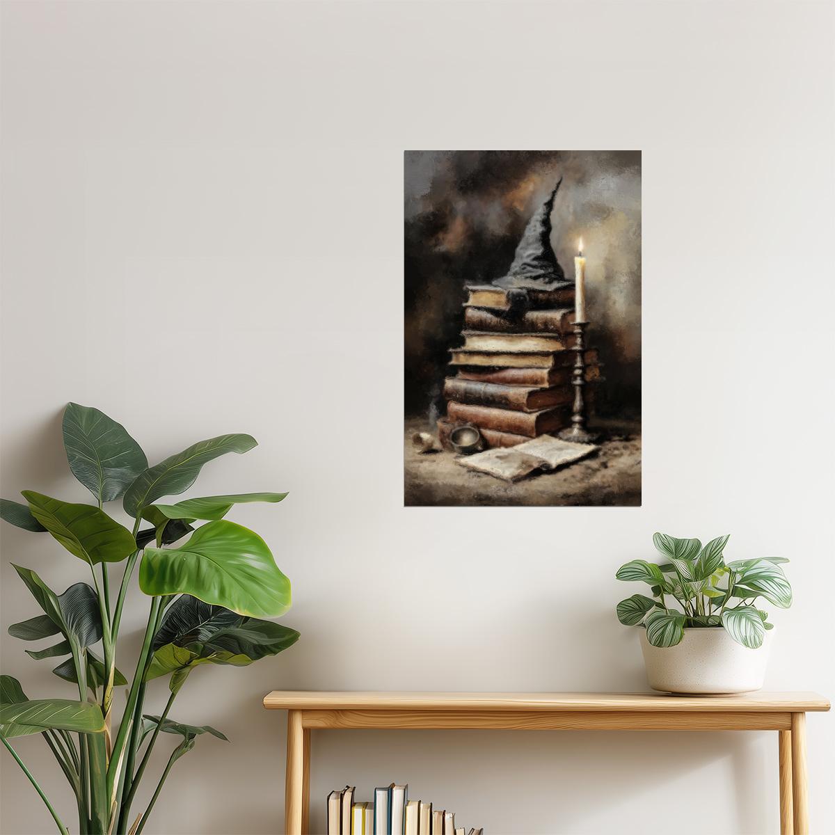 Books and Candle with Witch Hat | Dark Academia Halloween Artwork Poster