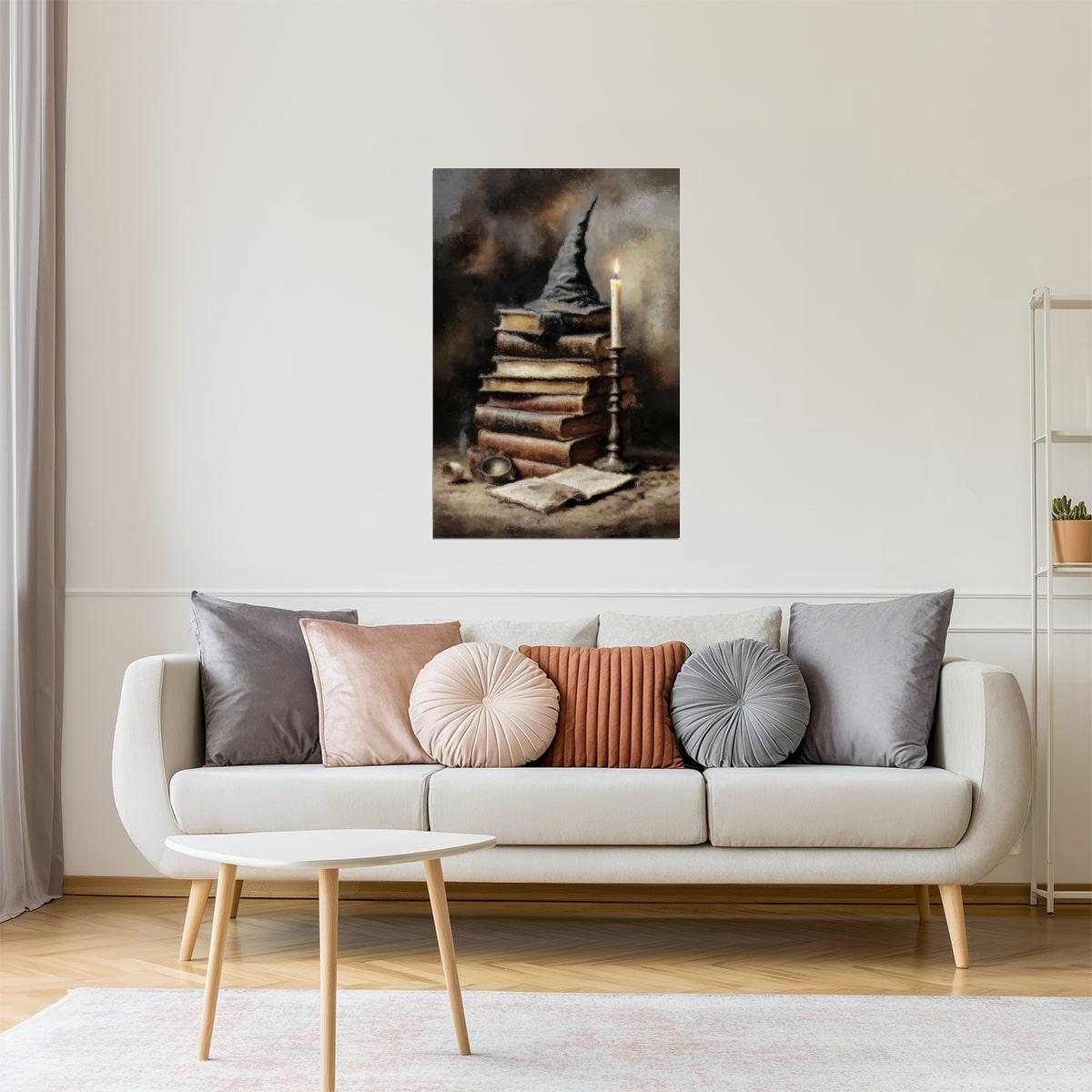 Books and Candle with Witch Hat | Dark Academia Halloween Artwork Poster