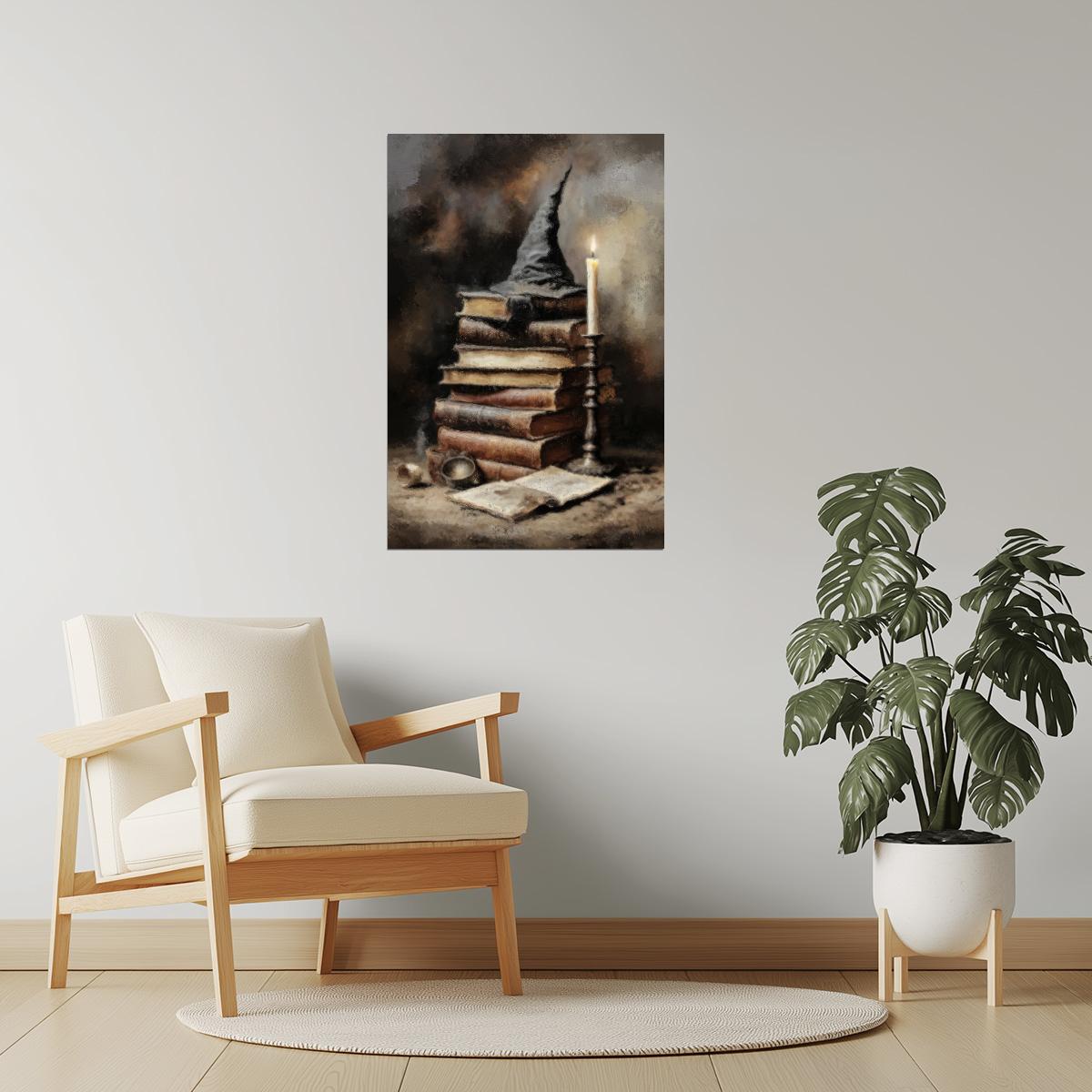 Books and Candle with Witch Hat | Dark Academia Halloween Artwork Poster