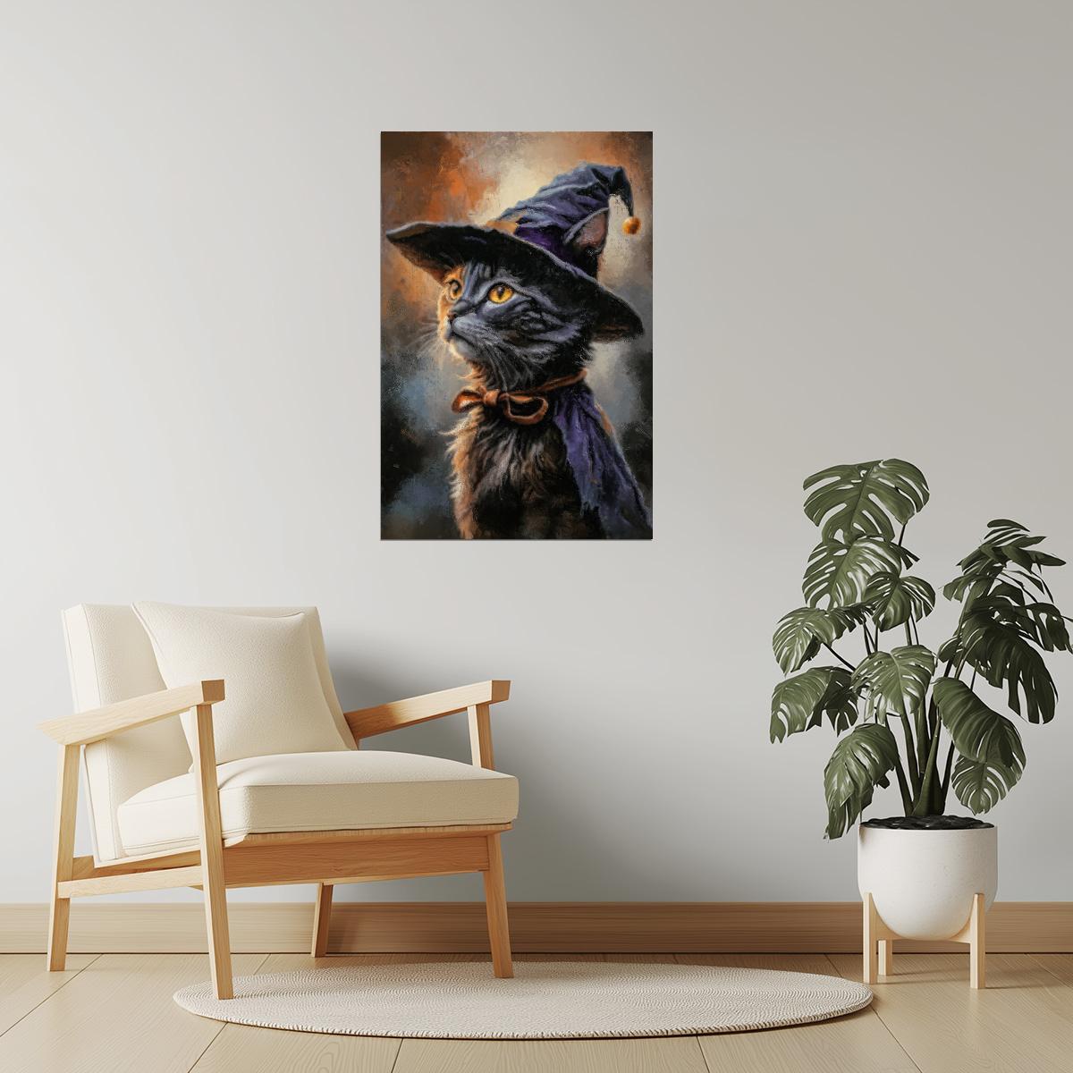 Black Cat in Witch Hat | Cute Witchy Halloween Wall Art Print Poster