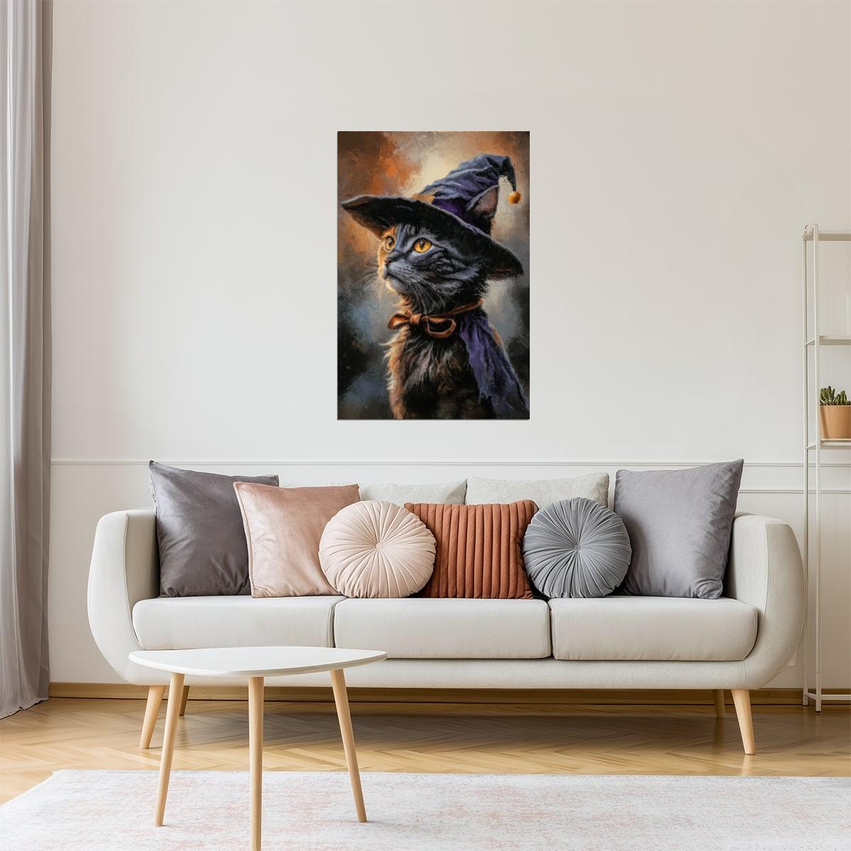 Black Cat in Witch Hat | Cute Witchy Halloween Wall Art Print Poster