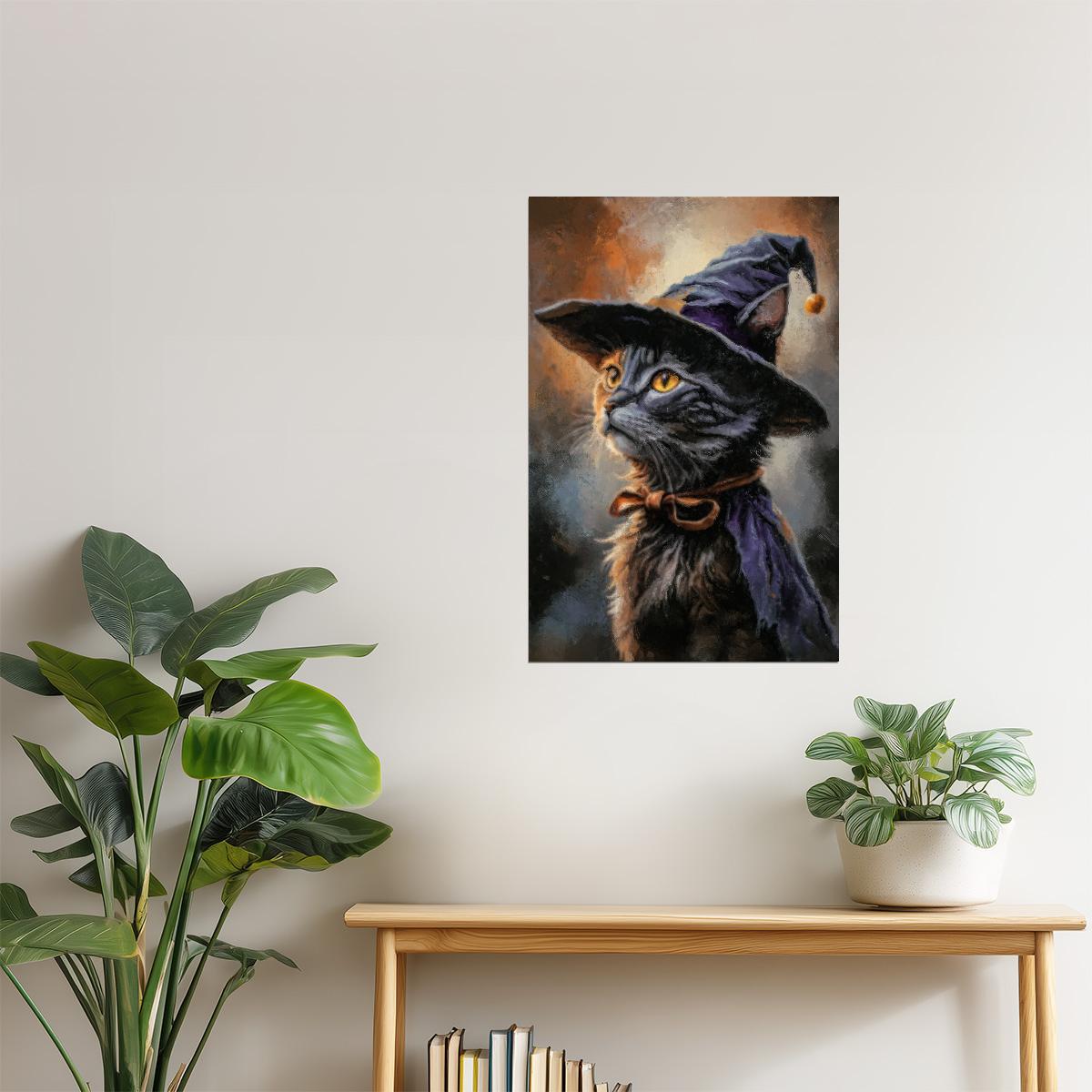 Black Cat in Witch Hat | Cute Witchy Halloween Wall Art Print Poster