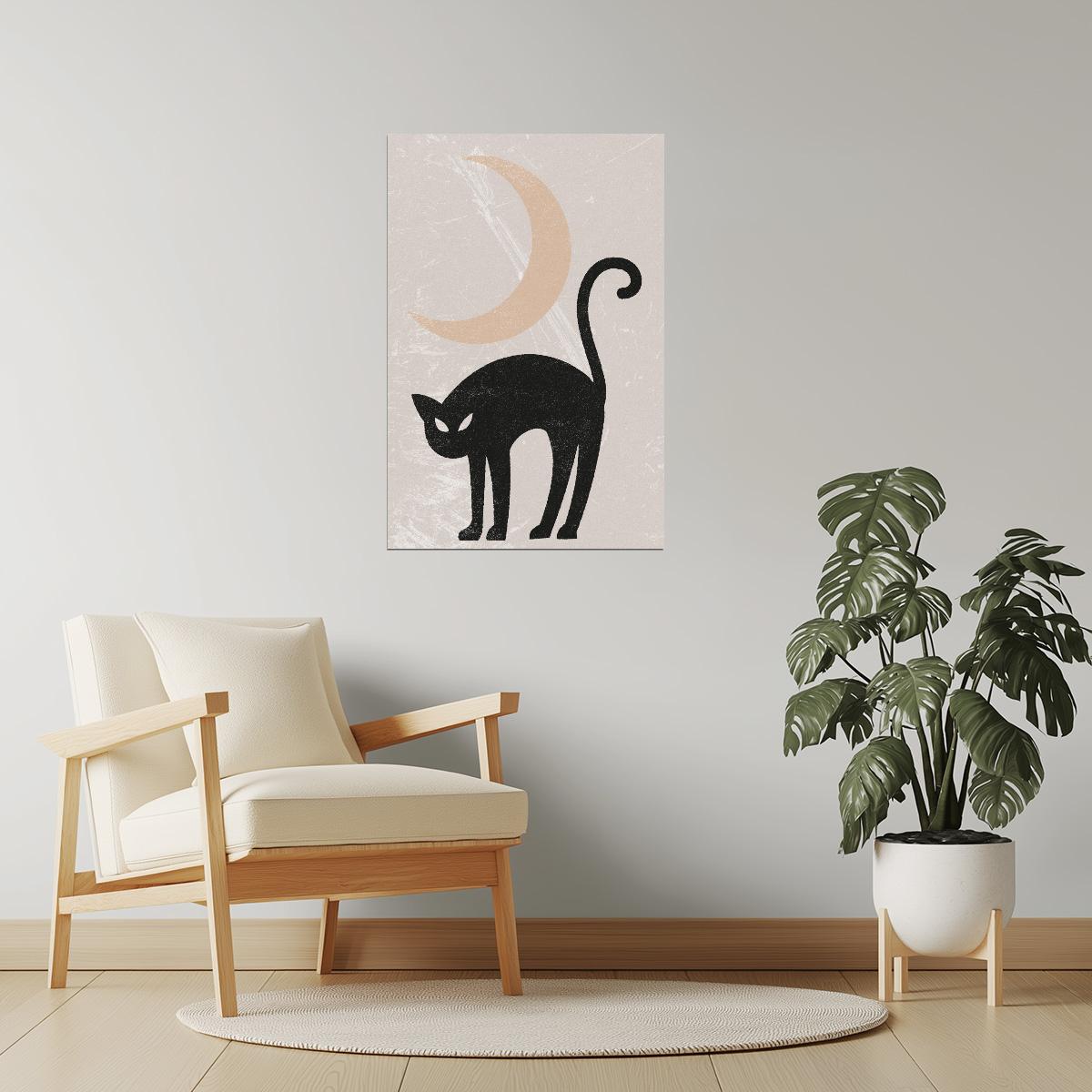 Black Cat Under Moon | Boho Minimalist Witchy Halloween Wall Art Poster