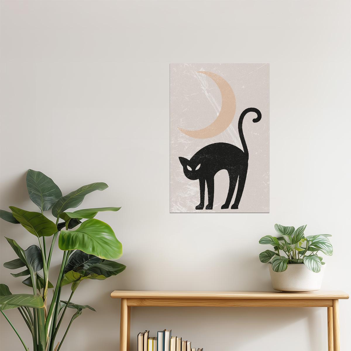 Black Cat Under Moon | Boho Minimalist Witchy Halloween Wall Art Poster