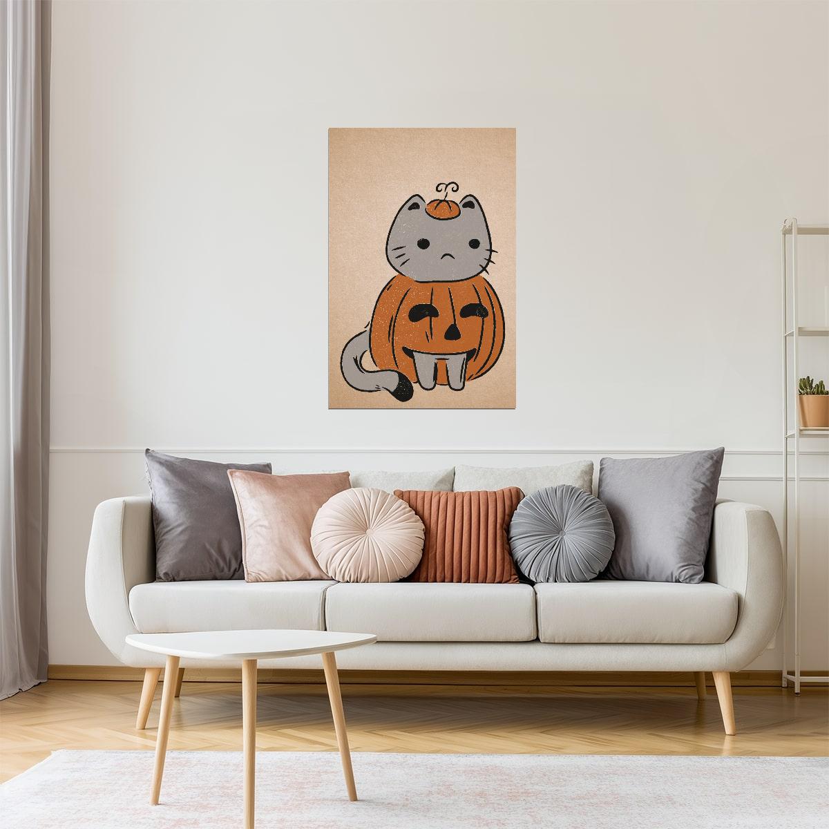 Cat in Pumpkin Costume | Boho Minimalist Cute Halloween Wall Art Poster