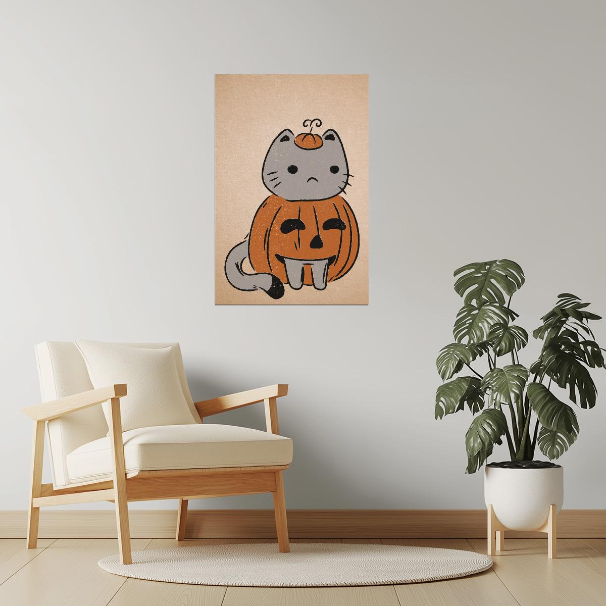 Cat in Pumpkin Costume | Boho Minimalist Cute Halloween Wall Art Poster
